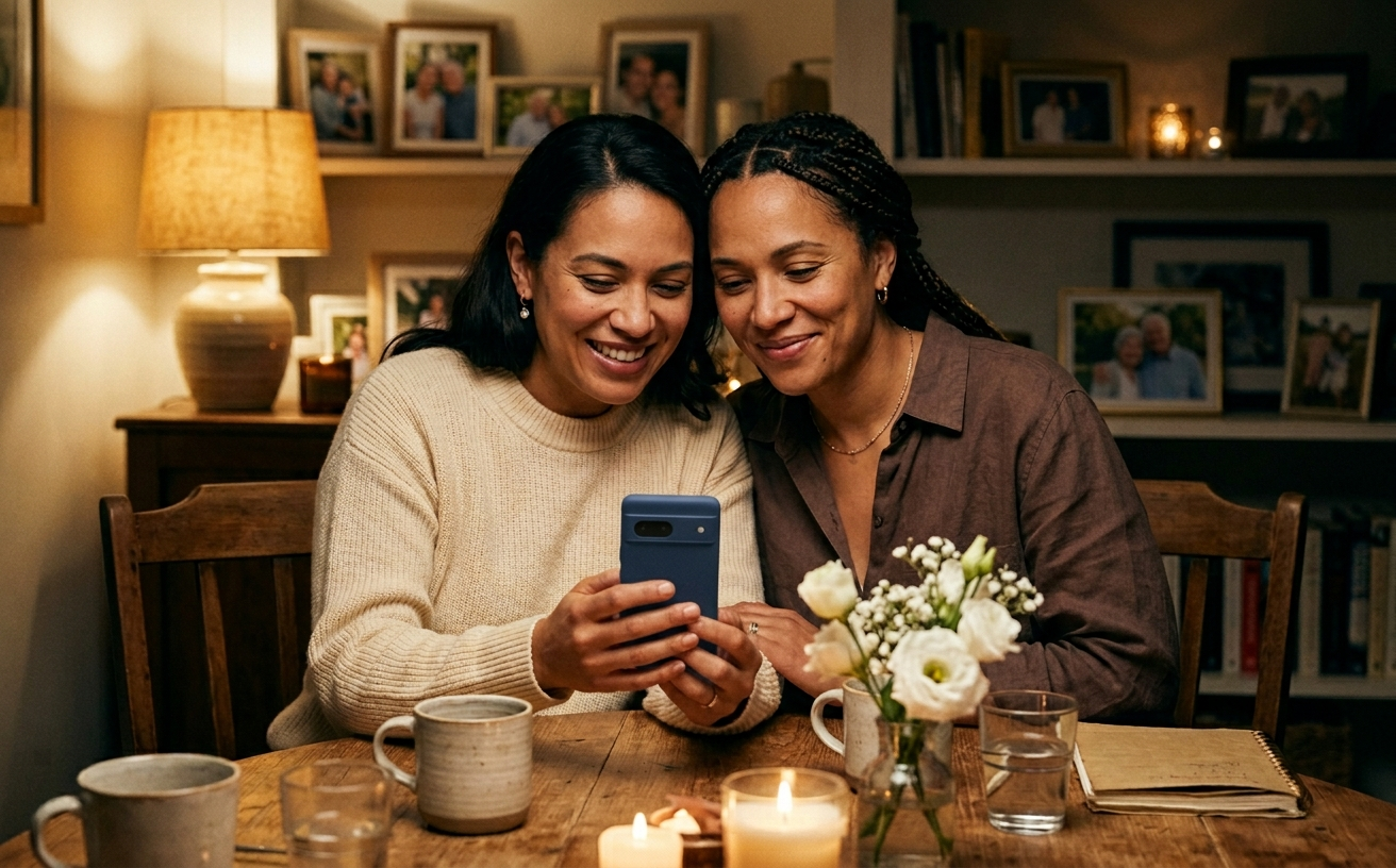 Two sisters sitting together at a candlelit table, sharing a memory on a phone screen, surrounded by family photos in a warm home