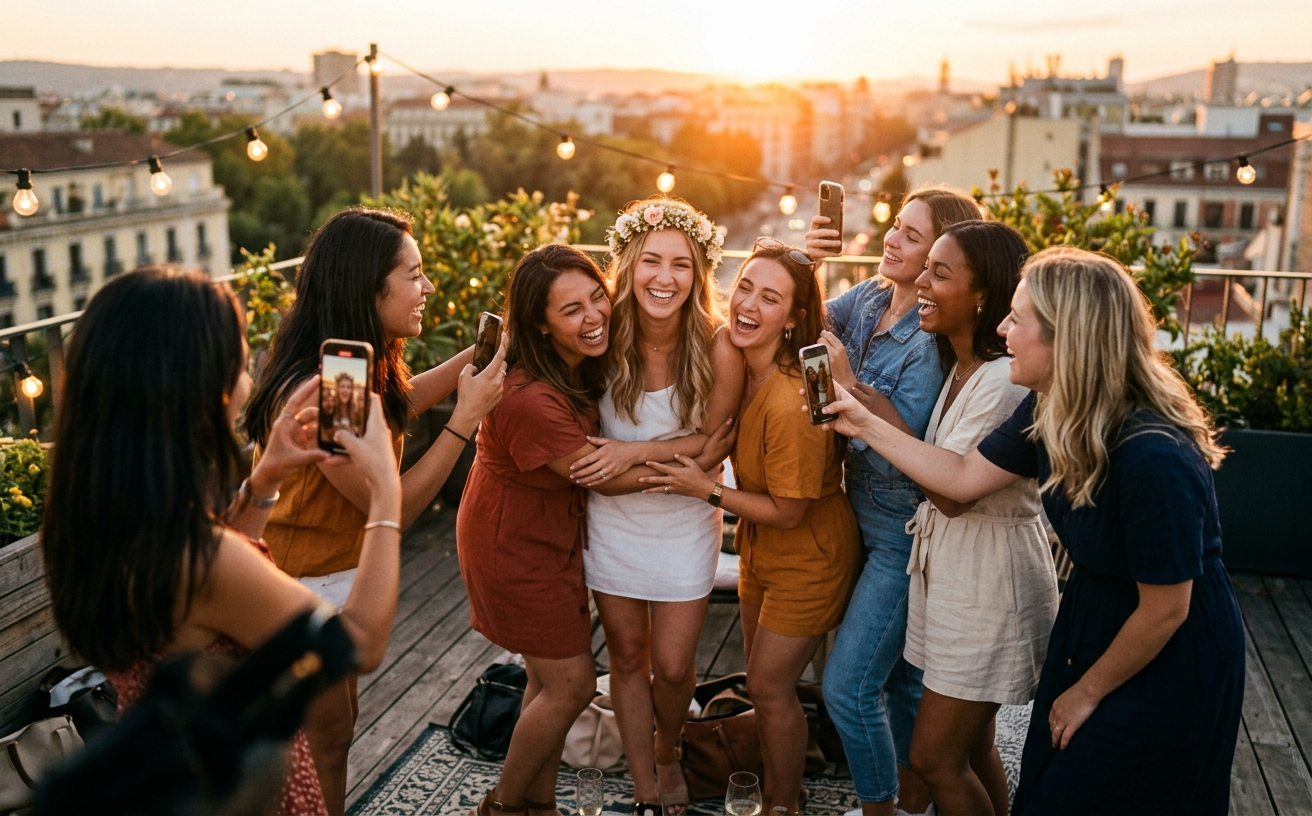 Group of girlfriends hugging and laughing on a rooftop terrace at sunset, multiple phones capturing the moment from different angles