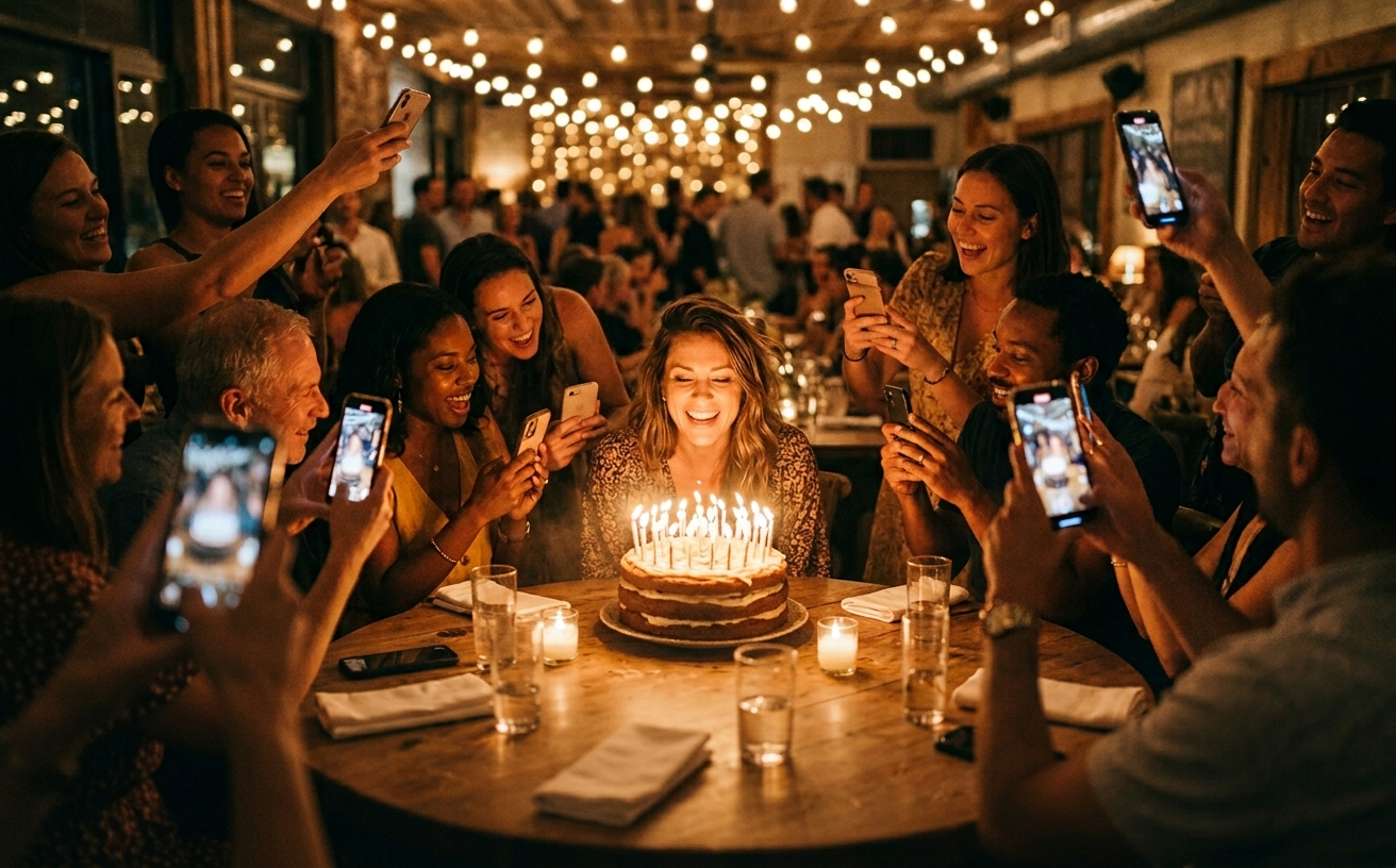 Friends surrounding a birthday person with phones raised to capture the candle-blowing moment in a warm restaurant