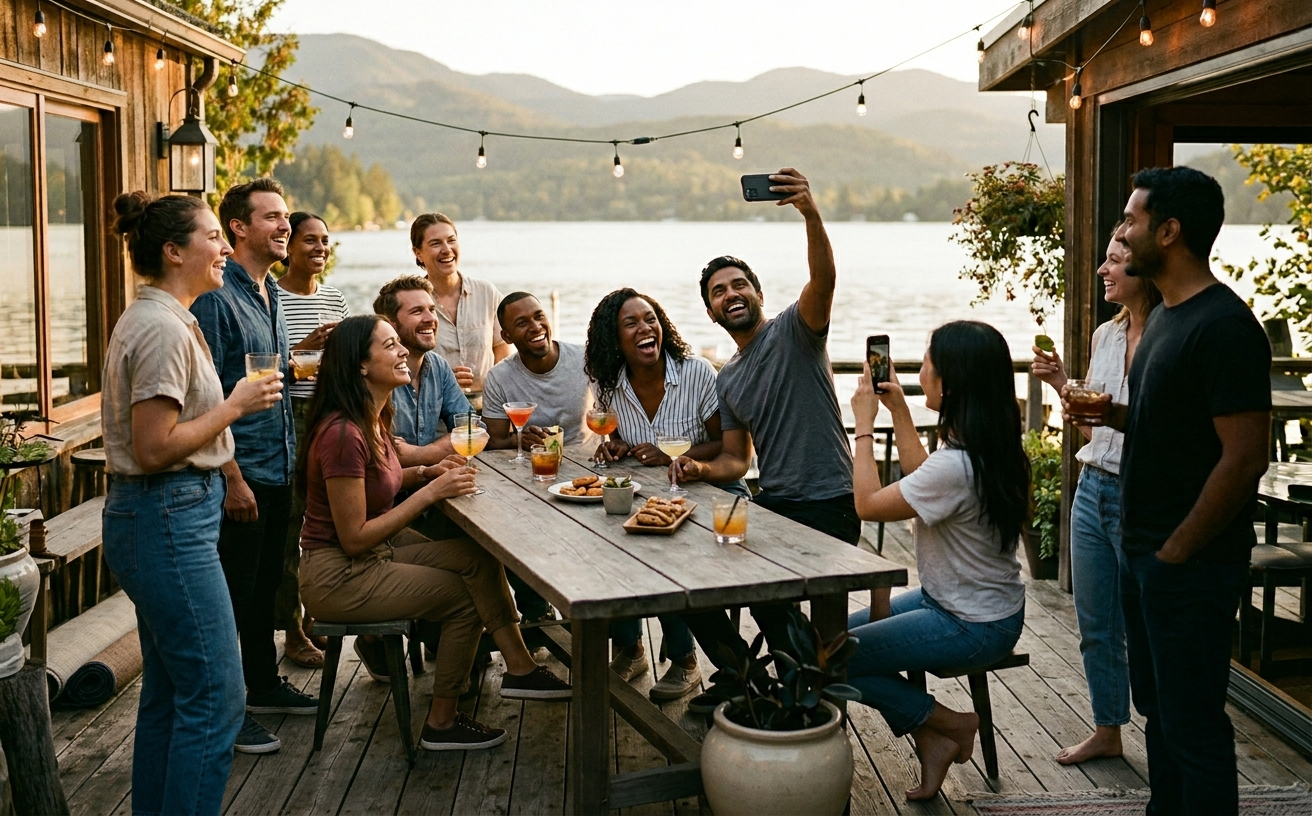 Diverse team laughing and taking a group selfie on a lakeside deck during a company off-site at golden hour