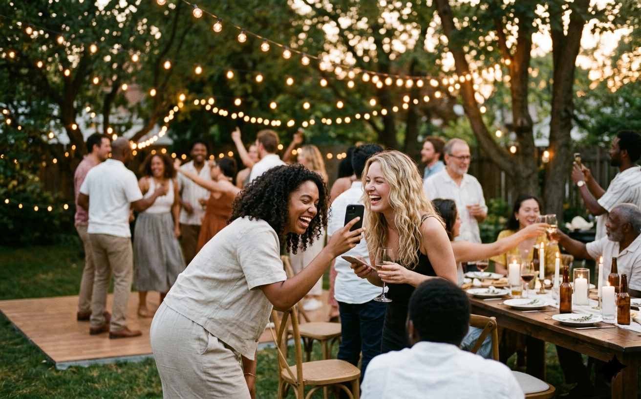Two friends laughing together at a garden party while one films on her phone, guests dancing under string lights at dusk