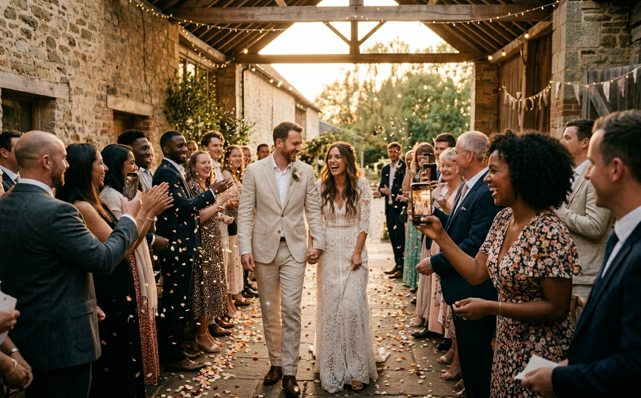 Wedding guests cheering and photographing a couple walking through a confetti arch at golden hour